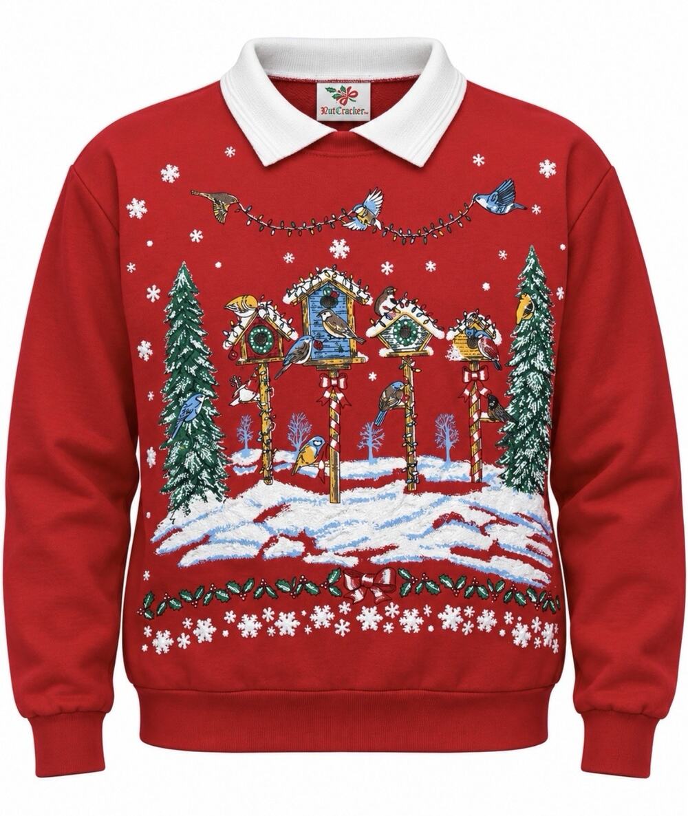 Vintage NutCracker Christmas Sweatshirt Red Birdhouse Snow Scene Holiday